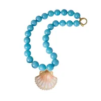 Picture Elegant Necklace 18K Gold Plated Silver White Cubic Zircons Gradient Pearl Orange Enamel