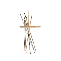 Picture Portuguese table made of white lacquered wood, zebrano wood, stainless steel, copper and brass