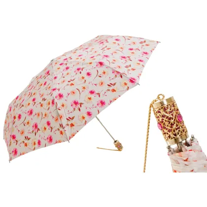 Zdjęcie Elegancki parasol damski zdobiony subtelnym kwiatowym motywem z rączką wysadzaną klejnotami - Pasotti