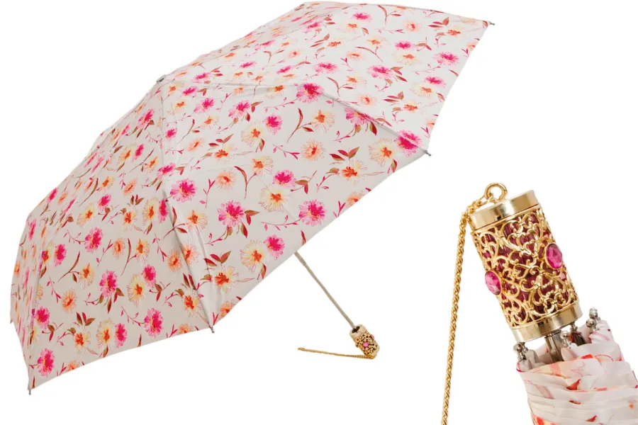 obrazek 1 Elegancki parasol damski zdobiony subtelnym kwiatowym motywem z rączką wysadzaną klejnotami - Pasotti