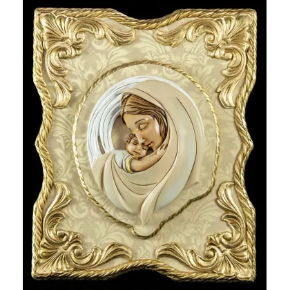 Zdjęcie Elegacki drewniany obrazek z ręcznie malowaną żywicą - kolorowa Madonna z Dzieciątkiem
