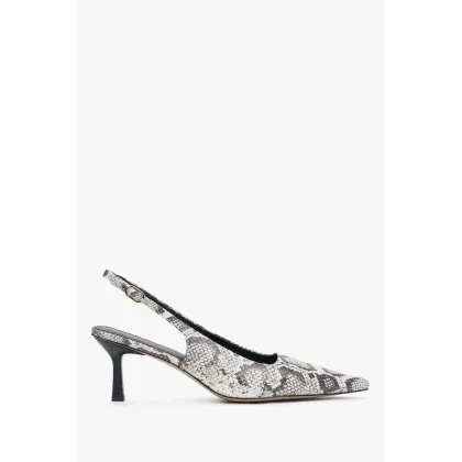 Zdjęcie Estro: Czarno-szare skórzane czółenka damskie typu slingback ze zwierzęcym wzorem