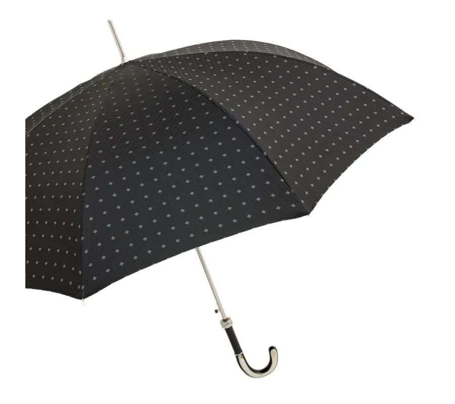 obrazek 7 Elegancki czarny parasol męski w drobne kwadraty z biało czarną rączką z rogu - Pasotti