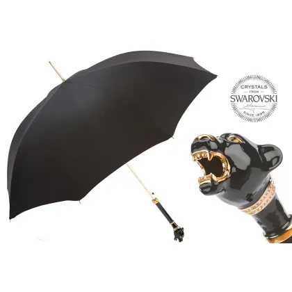 Zdjęcie Piękny stylowy czarny parasol męski z rączką w kształcie głowy czarnej pantery - Pasotti