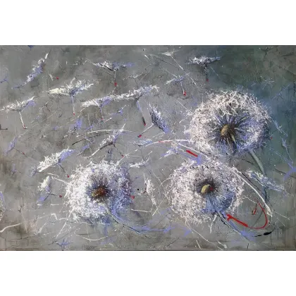 Zdjęcie Krzysztof Trzaska, obraz Dmuchawce z cyklu Polskie pejzaże, akryl/płótno, 95x135, 2016