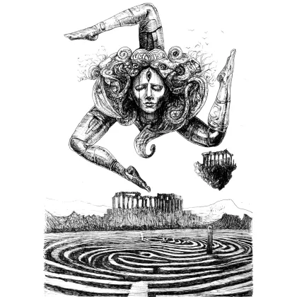 Picture Sicilian Myths with a labyrinth in the background *pen drawing