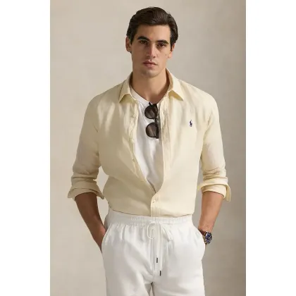 Zdjęcie Polo Ralph Lauren koszula lniana męska kolor beżowy slim z kołnierzykiem button-down 710968915