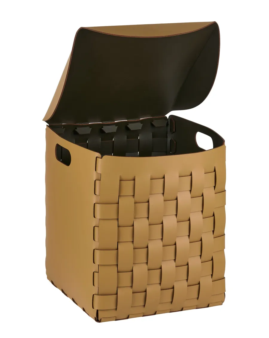 obrazek 1 Piękny kosz z pokrywą 35x35xH40 cm w kolorze musztardowym z naturalnej skóry z recyklingu