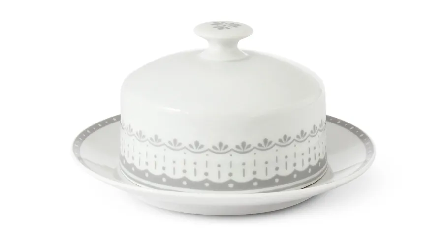 obrazek 1 Okrągła maselniczka z porcelany zdobiona prostym szarym ornamentem – Leander