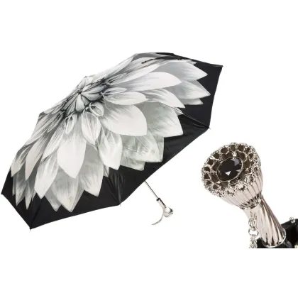 Zdjęcie Wyjątkowy czarny parasol damski zdobiony motywem srebrnej dalii - Pasotti