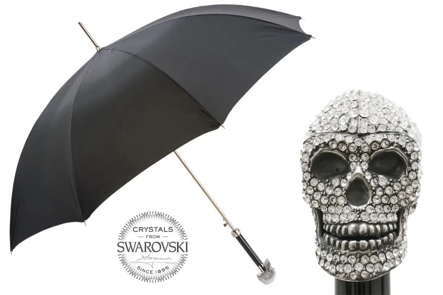 obrazek 1 Elegancki czarny parasol męski z rączką w kształcie czaszki wysadzanej kryształkami Swarovskiego – Pasotti
