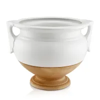 Zdjęcie Ceramiczny dekoracyjny pojemnik na doniczkę z uchwytami i brązowym detalem - Ahura