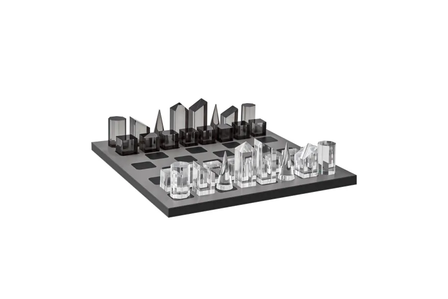 obrazek 1 Wyjątkowy zestaw szachowy z figurami ze szkła akrylowego i czarno-szarą szachownicą