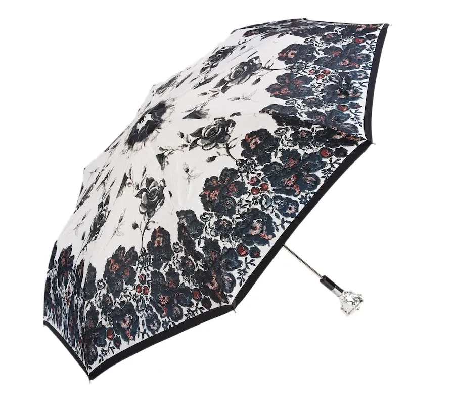 obrazek 7 Elegancki biały parasol damski zdobiony pięknym czarnym motywem kwiatowym z rączką w kształcie srebrnej róży - Pasotti