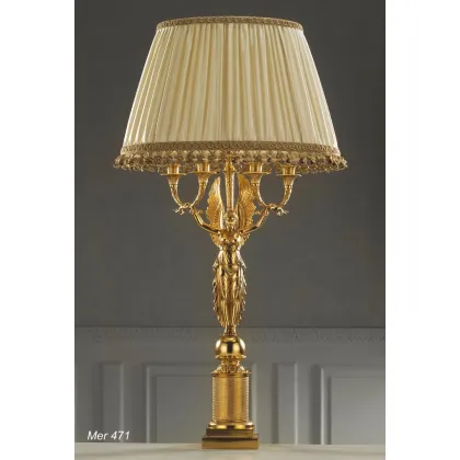 Zdjęcie Pozłacana brązowa lampa stołowa z kloszem