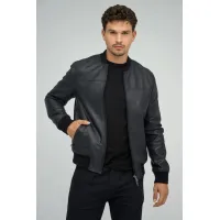 Picture Comfortable navy blue leather jacket for men