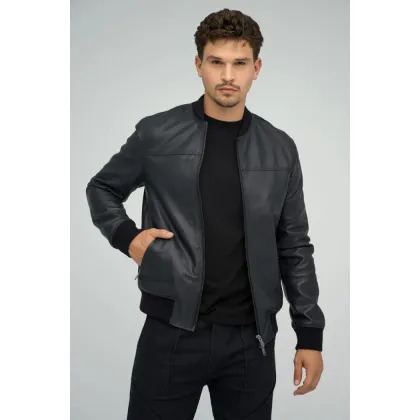 Picture Comfortable navy blue leather jacket for men