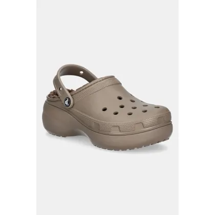 Zdjęcie Crocs klapki Classic Platform Lined Clog damskie kolor brązowy na platformie 207938.196