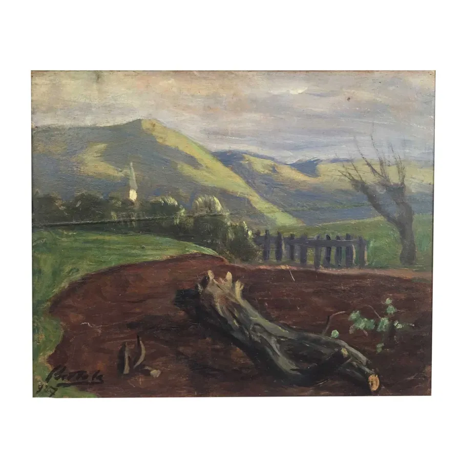 obrazek 2 F. Scattola, Pejzaż, 1927. Obraz olejny na sklejce - pagórkowaty krajobraz