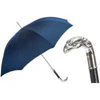 Picture Stylish navy blue men's umbrella with a handle in the shape of a silver eagle's head - Pasotti