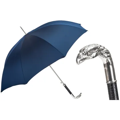 Zdjęcie Stylowy granatowy parasol męski z rączką w kształcie srebrnej głowy orła - Pasotti