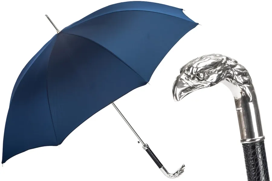 obrazek 1 Stylowy granatowy parasol męski z rączką w kształcie srebrnej głowy orła - Pasotti