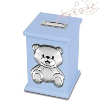 Picture A blue money box-music box decorated with a unique silver teddy bear