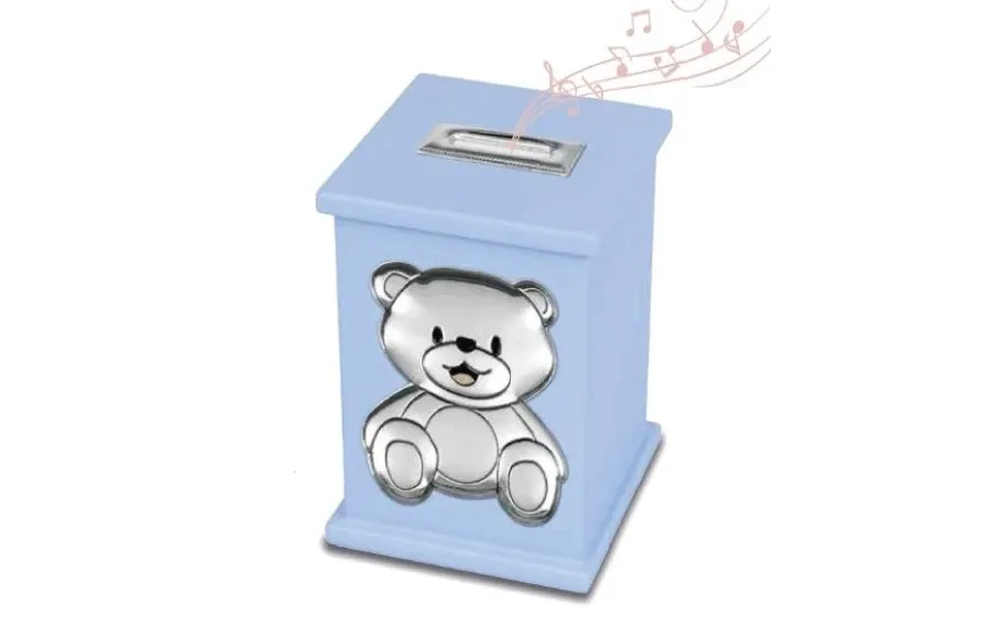 obrazek 1 Niebieska skarbonka-pozytywka zdobiona wyjątkowym srebrnym misiem