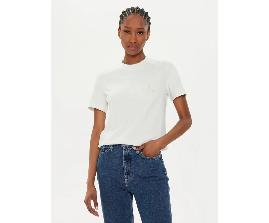 obrazek 1 Calvin Klein Jeans T-Shirt Satin Applique J20J223925 Écru Regular Fit