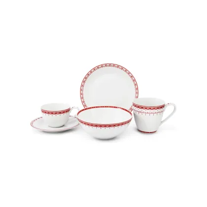 Zdjęcie Piękny 5-elementowy zestaw śniadaniowy z porcelany w kolorze czerwonym z kolekcji HyggeLine – wariant 2 – Leander