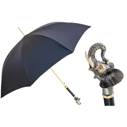 Picture Luxurious navy blue men's umbrella with an original handle in the shape of an elephant's head - Pasotti