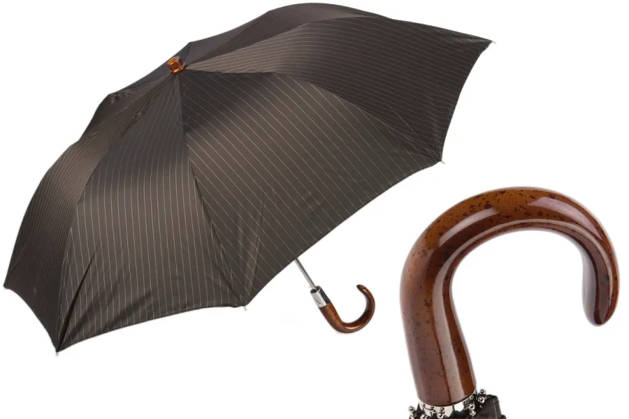obrazek 1 Stylowy ciemnobrązowy parasol męski w pionowe paski z plastikową rączką – Pasotti