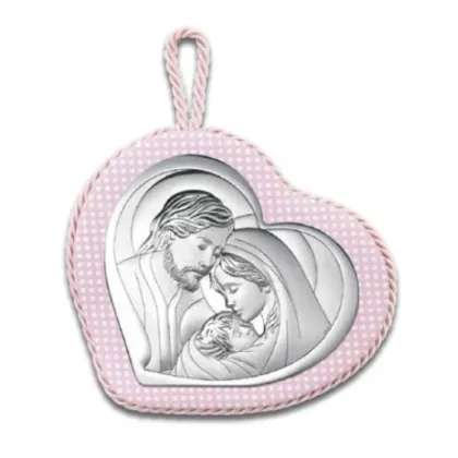 Picture A music box in the shape of a pink heart with a depiction of the holy family