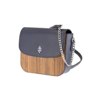 Picture A subtle women's shoulder bag made of navy blue Saffiano leather and stylish Amazaque wood