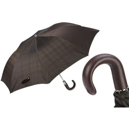 Picture Classic dark brown checkered men's umbrella with a leather handle - Pasotti