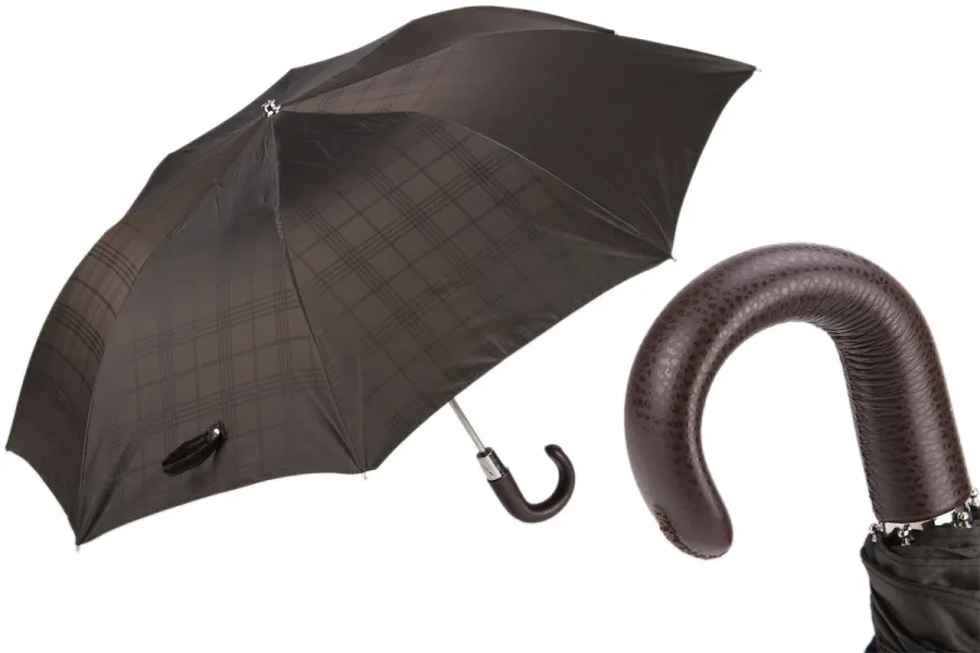 obrazek 1 Klasyczny ciemnobrązowy parasol męski w kratę ze skórzaną rączką - Pasotti