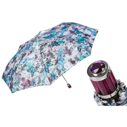 Zdjęcie Wyjątkowy parasol damski w kolorze fioletowo niebieskim zdobiony oryginalnym motywem w motyle i kwiaty - Pasotti