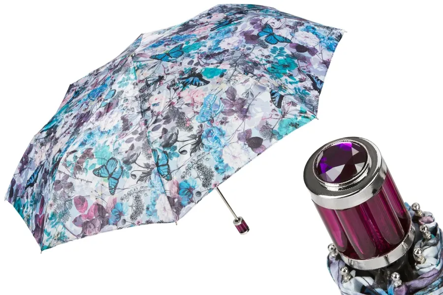 obrazek 1 Wyjątkowy parasol damski w kolorze fioletowo niebieskim zdobiony oryginalnym motywem w motyle i kwiaty - Pasotti