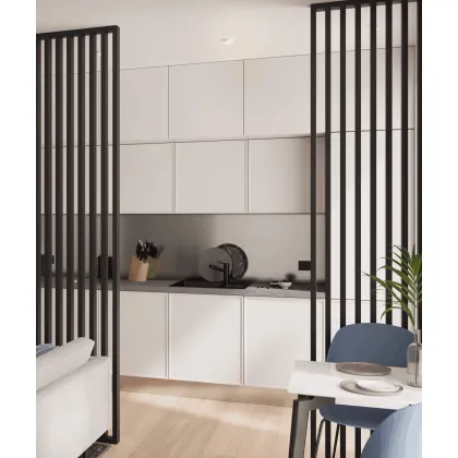 Zdjęcie 275x51x7 cm LD (czarny mat) ścianka z lameli wolnostojących - aranżacja ażurowa 3D