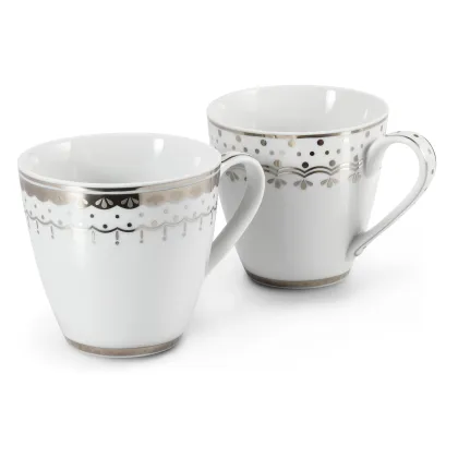 Zdjęcie Zestaw dwóch białych stylowych kubków z porcelany zdobionych subtelnym platynowym ornamentem – Leander