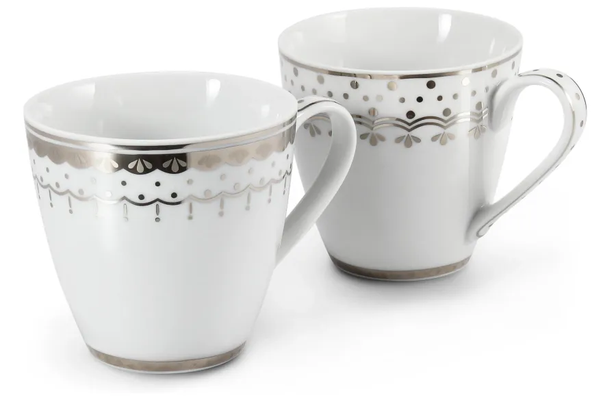 obrazek 1 Zestaw dwóch białych stylowych kubków z porcelany zdobionych subtelnym platynowym ornamentem – Leander
