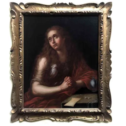 Picture Ancient religious painting from 1700 depicting a penitent Magdalene with unusual iconography