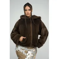 Picture Brown women's mink fur coat, perfect for cold days