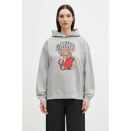Zdjęcie GANNI bluza bawełniana Isoli Bear Oversized damska kolor szary z kapturem z nadrukiem T4162