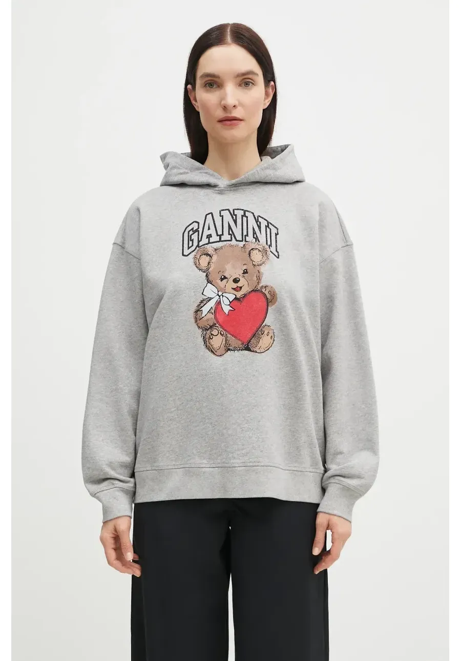 obrazek 1 GANNI bluza bawełniana Isoli Bear Oversized damska kolor szary z kapturem z nadrukiem T4162