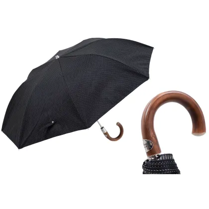 Picture Stylish black checkered men's umbrella with a chestnut wood handle - Pasotti
