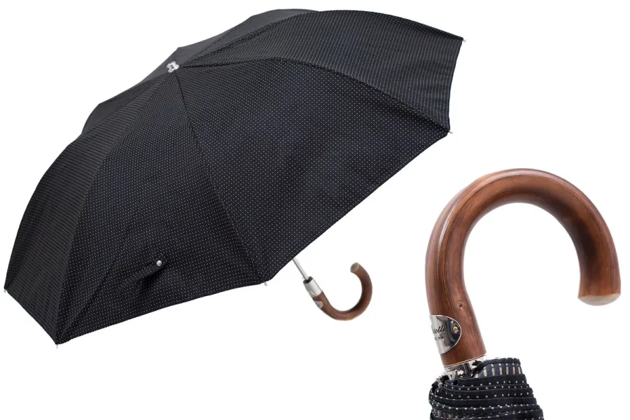 obrazek 1 Stylowy czarny parasol męski w kratę z uchwytem z drewna kasztanowego – Pasotti
