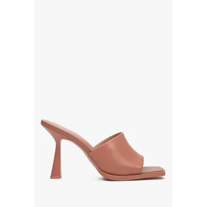 Zdjęcie Estro: Brązowe skórzane klapki damskie na obcasie kielichowym