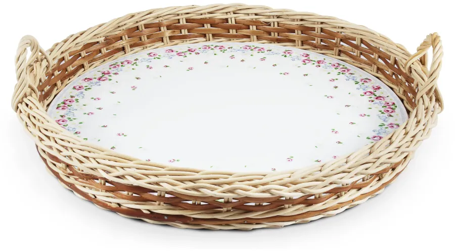 obrazek 1 Piękna porcelanowa taca  do serwowania w wiklinowym koszu – wariant 2 – Leander