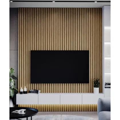 Zdjęcie 275x30x2,4 cm LD (6 lameli slim dąb naturalny) panel akustyczny na płycie MDF 6 mm - dekoracja ścienna 3D